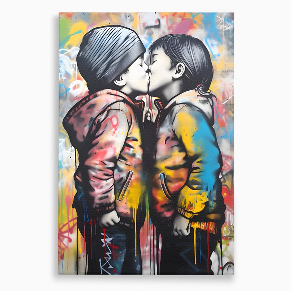 Tablou canvas cu tablou canvas cu doi copii sarutandu-se, fara rama, pe sasiu de lemn